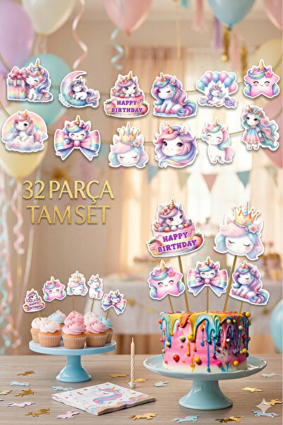 abjad Kuromi54 32 Parça Unicorn Tekboynuzu At Temalı Dev Set Doğum Günü Süsü ...