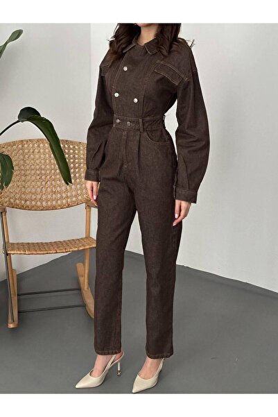 Ekim Store Kruvaze Kemerli Düğmeli Denim Tulum