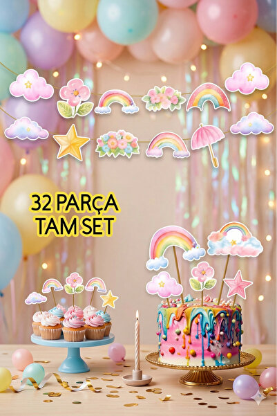 abjad Kuromi-32Parça Gökkuşağı Bulut Yıldız Temalı Dev Doğum Günü Süsü Banner...