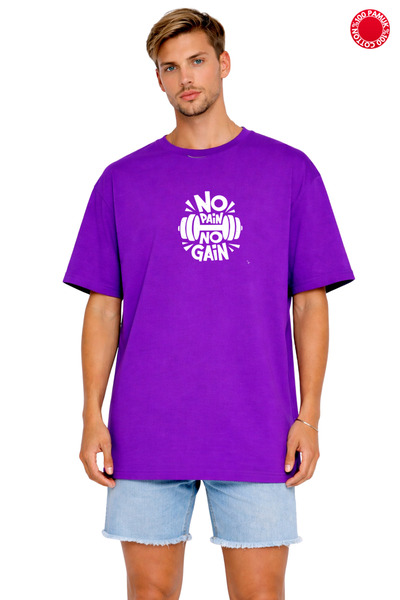DUBU BUTİK Unisex Oversize Μωβ μπλουζάκι No Pain No Gain με στάμπα 100% βαμβά...