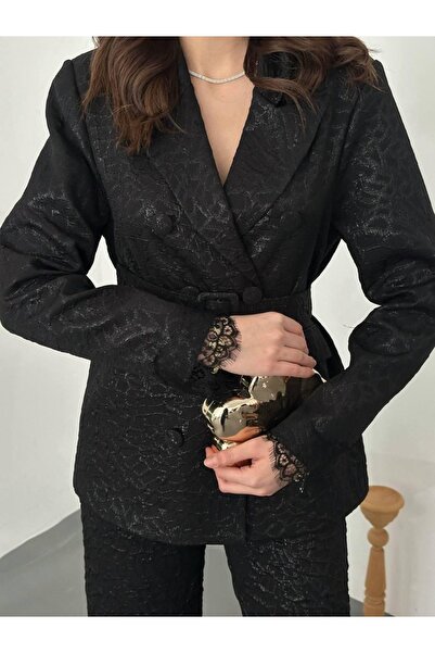 Ekim Store Σετ μπλέιζερ με δαντέλα και ζώνη με σχέδιο λεοπάρ