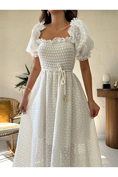 Ekim Store Μακρύ φόρεμα με δαντέλα και βολάν στους ώμους