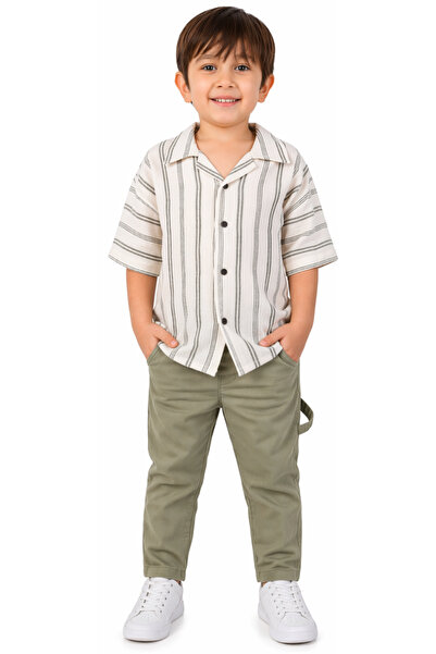 İrem Çocuk Giyim Boys' Striped Patterned Button-Closure Shirt and Khaki Color...