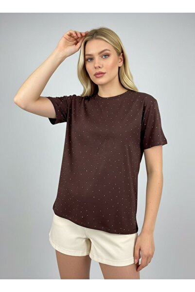 Noi Belis Πλεκτό T-Shirt με λεπτομέρεια από πέτρα και λαιμόκοψη ποδηλάτου SS2...