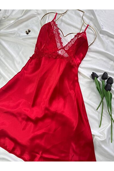 ROZENİN LINGERIE Plus Size Lace Detailed Satin Adjustable Strap Dress Nightgown