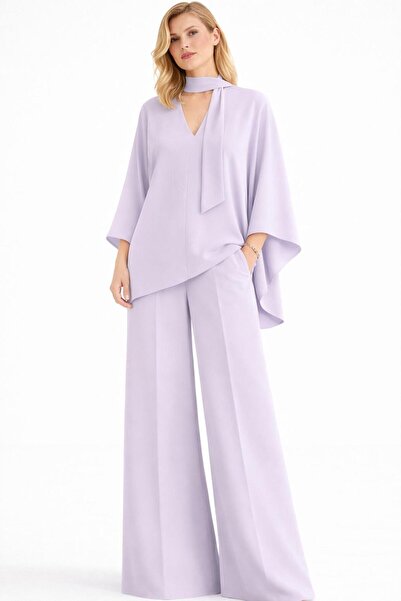 ALYEL NAKER Mobile Shawl Detailed Regular Blouse & Wide Leg Pants Crepe Set