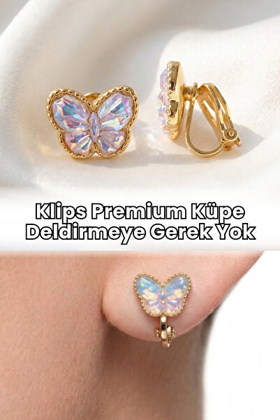 Elifsu Jewelry Klips Mavi Işıltılı Premium Küpe Kelebekli Işıltılı Deldirmeye...