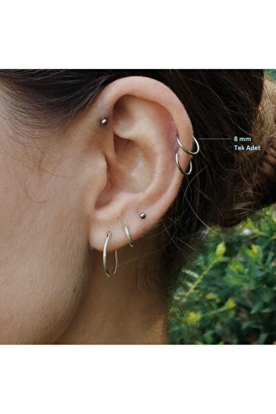 Heppii 8 mm Silver Renk Cerrahi Çelik Düz Halka Tragus Piercing Helix Kıkırda...