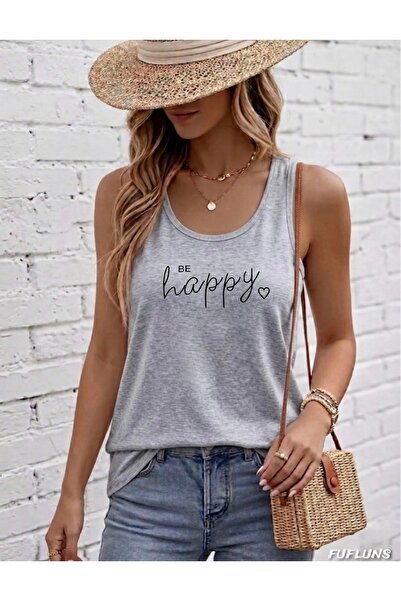 FUFLUNS تي شيرت نسائي مطبوع عليه BE HAPPY
