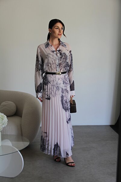 Julidress Σετ με πουκάμισο με σχέδια και μακριά φούστα μάξι με πιέτες και επέ...