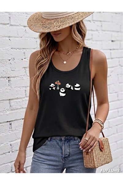 FUFLUNS Women's Round Neck T-Shirt with Mini Pandas Print