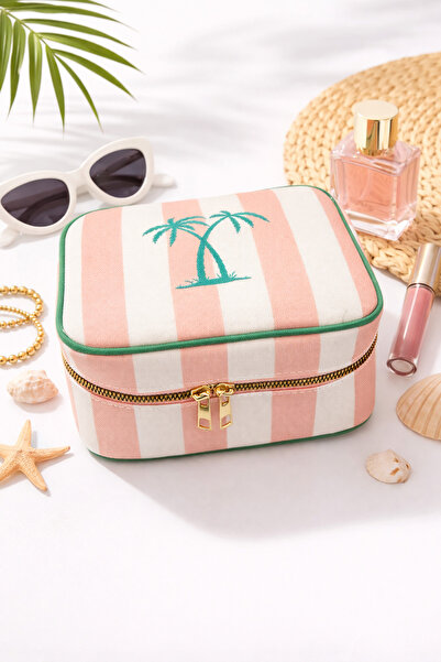 Valleri bag Pembe beyaz çizgi detaylı makyaj çantası