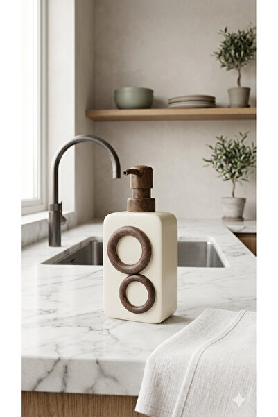 Dia Wooden detailed ceramic liquid soap dispenser - minimalist kitchen and ba...