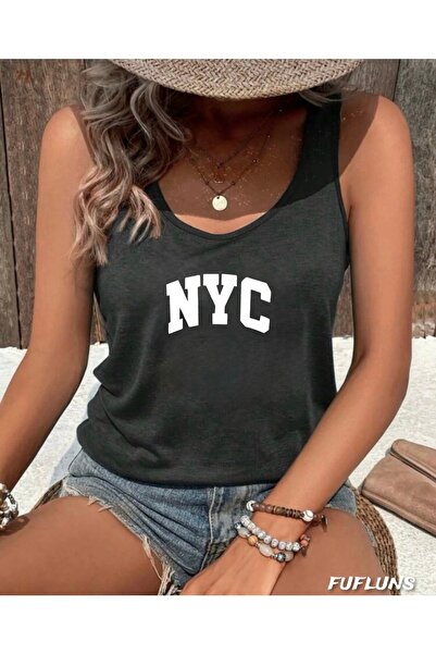 FUFLUNS Γυναικείο Αθλητικό Φανελάκι με Στρογγυλή Λαιμόκοψη και Στάμπα NYC