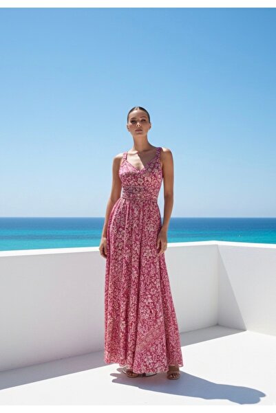 laviyonsa Μεταξωτό μακρύ φόρεμα με κορδόνια και σχέδια Αυθεντικό φόρεμα (36-4...