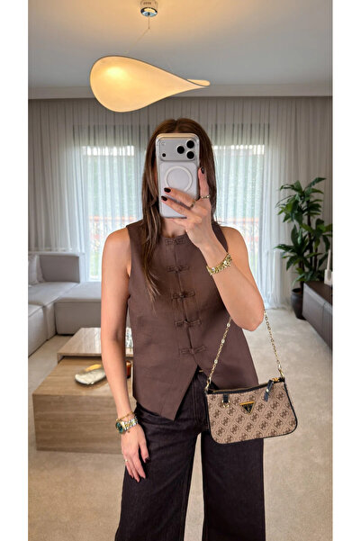 My Blog Καφέ 100% λινό γιλέκο - 40136