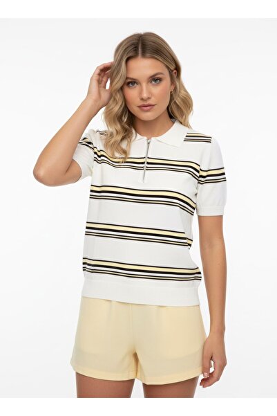 Noi Belis Striped Polo Collar Half Placket Zippered Knitwear Blouse Ss26Bz0114