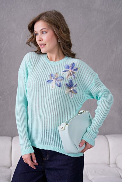 Noi Belis Πλεκτή μπλούζα με λεπτομέρεια από δαντέλα και λαιμόκοψη ποδηλάτου S...