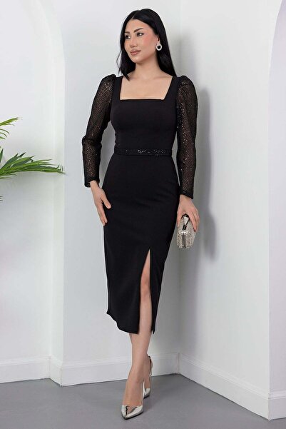 PULLIMM Φόρεμα με τετράγωνο γιακά και μανίκια με παγιέτες Atals DRP2080