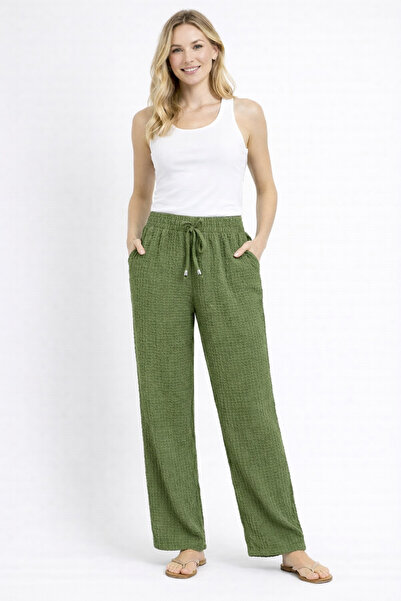 MİRA BUTİK Women's Khaki Wrinkled Textured Elastic Waist Comfortable Fit Summ...