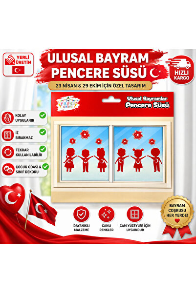 KAR TANESİ Ulusal Bayram Pencere Süsü Cam Sticker 23 Nisan 29 Ekim Çocuk Figü...