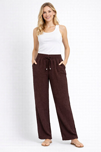 MİRA BUTİK Women's Brown Wrinkled Textured Elastic Waist Comfortable Fit Summ...
