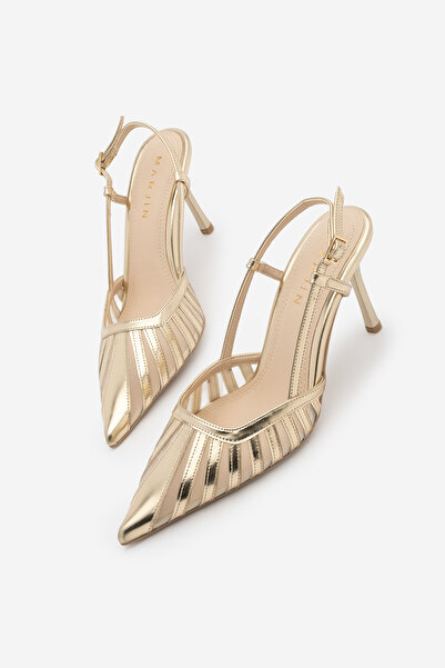 Marjin Women's Stiletto Pointed Toe Back Strap Ribbon Detailed Mesh Classic H...