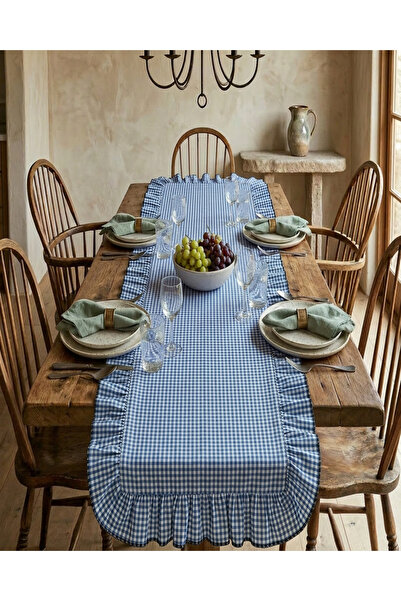 AviraHome Mavi Fırfırlı Pötikare Runner 40x120