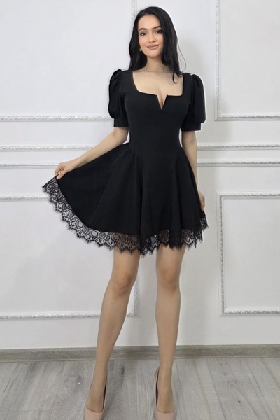FashionForYou Κομψό φόρεμα babydoll Amandine, εξώπλατο με κορδόνι, Μαύρο