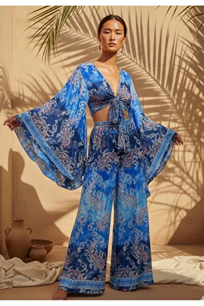 laviyonsa Αυθεντικό έθνικ σχέδιο 100% μεταξωτό παντελόνι & σετ μπολερό STD 36-46