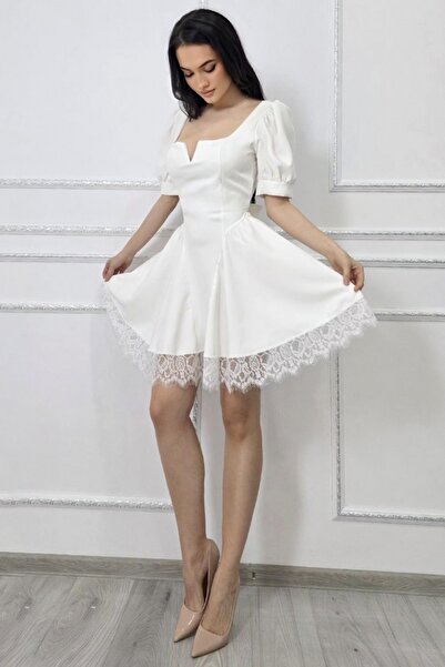 FashionForYou Αμαντίν κοντό φόρεμα babydoll, εξώπλατο με φιόγκο, Λευκό