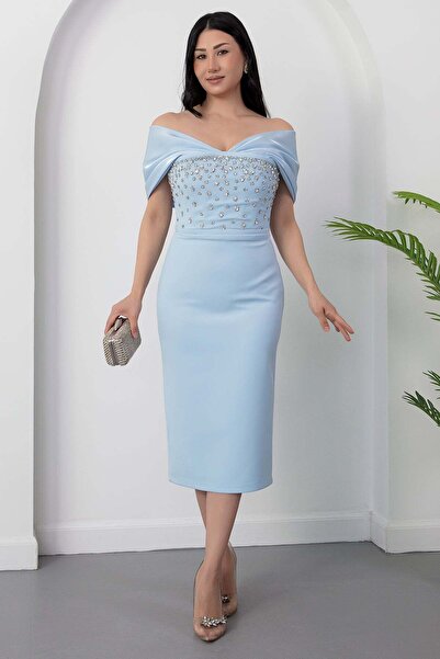 PULLIMM Στράπλες φόρεμα Άτλας με πέτρες στο λαιμό BAL177