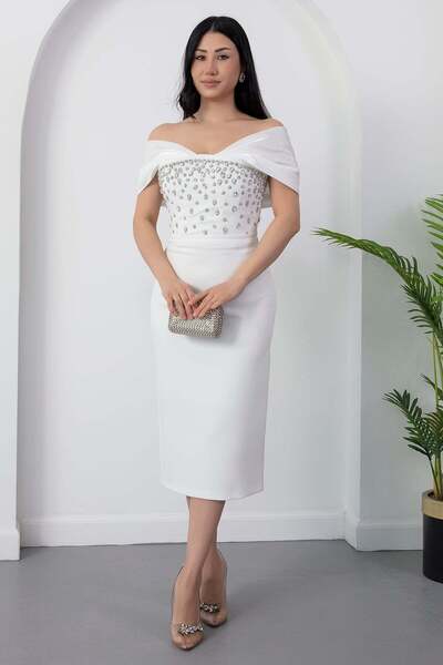 PULLIMM Στράπλες φόρεμα Άτλας με πέτρες στο λαιμό BAL177