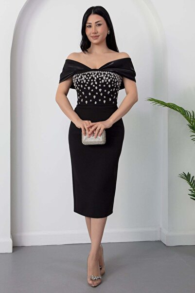 PULLIMM Στράπλες φόρεμα Άτλας με πέτρες στο λαιμό BAL177