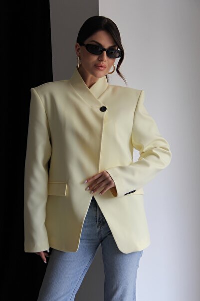 Julidress Κίτρινο μπουφάν με ένα κουμπί, λεπτομερές ασύμμετρο γιακά, premium ...