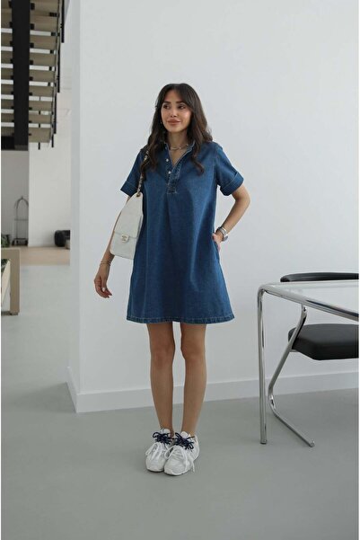 Havoş Μπλε τζιν φόρεμα με τσέπες στα πλαϊνά