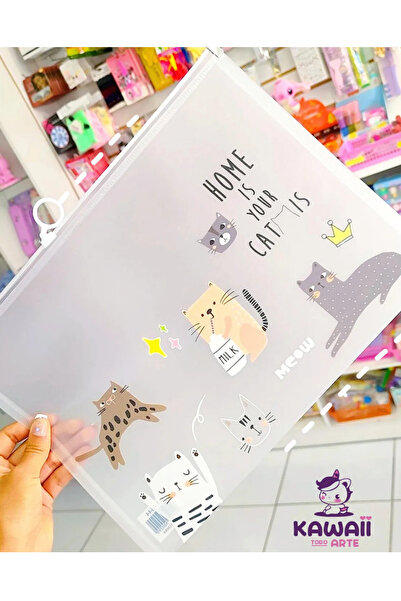 NaSaDAN Kawaii Kedi Tasarımlı A4 Şeffaf Fermuarlı Dosya Evrak Çantası Su Geçi...