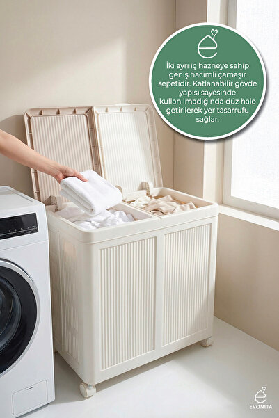 EVONİTA Çift Bölmeli Çamaşır Sepeti Tekerlekli Katlanabilir Kirli Sepeti Orga...