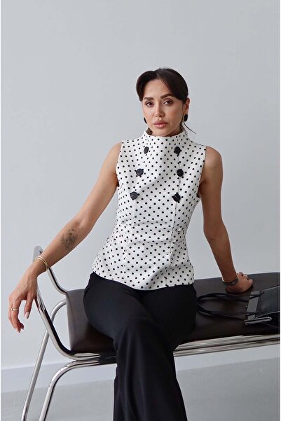 Havoş Εκρού Μπλούζα με Πουά και Διπλά Κουμπιά με Ρυθμιζόμενη Ζώνη