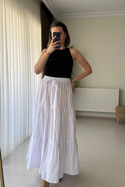 Kubos Moda Layered Waist Tie Detailed Ecru Long Skirt