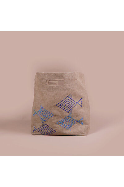 Dakakeen Concept Beach Bag with Blue Fish Embroidery – Linen Tote, Water-Resi...