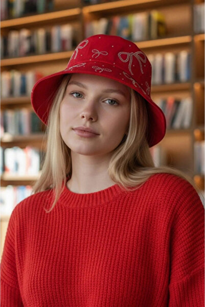 shop Red Ribbon Figured Hat with Stone Detail - Coquette Style