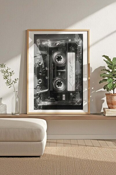 Buka Shops Vintage Siyah Beyaz Kaset Tablosu - Ahşap Çerçeveli Retro Müzik Po...