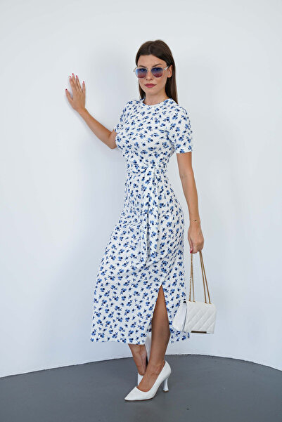 SUN BUTİK Λευκό φόρεμα μίντι με δέσιμο και σχέδιο με σκίσιμο