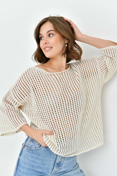 Noi Belis Διάτρητη Υπερμεγέθης Μπλούζα Πλεκτή με Λαιμόκοψη Καγιάκ SS26BZ0120