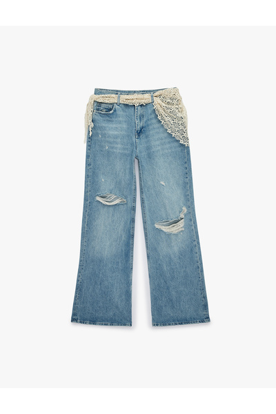 Koton Distressed Slim Fit Lace Belt Detailed Spanish Flare Denim Trousers - F...