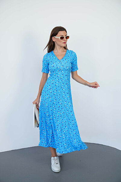 SUN BUTİK Μπλε φόρεμα μίντι με σχέδιο σε σχήμα V