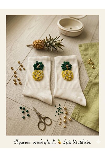roseberry el işi işlemeli tasarım ananas model beyaz çorap özel gün bayram he...