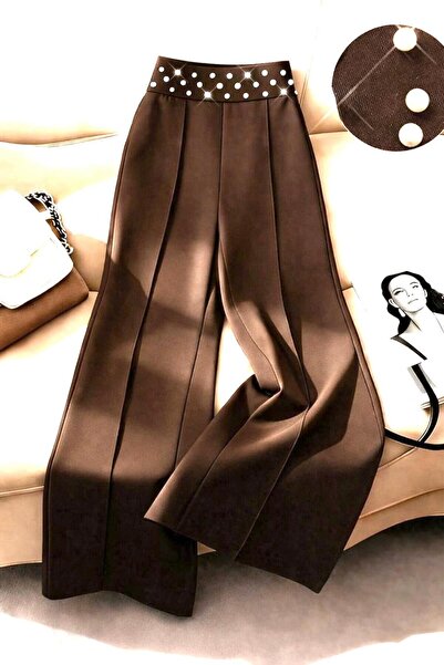 nathia outdoors Ψηλόμεσο γυναικείο παντελόνι Palazzo με λεπτομέρεια από πέρλες