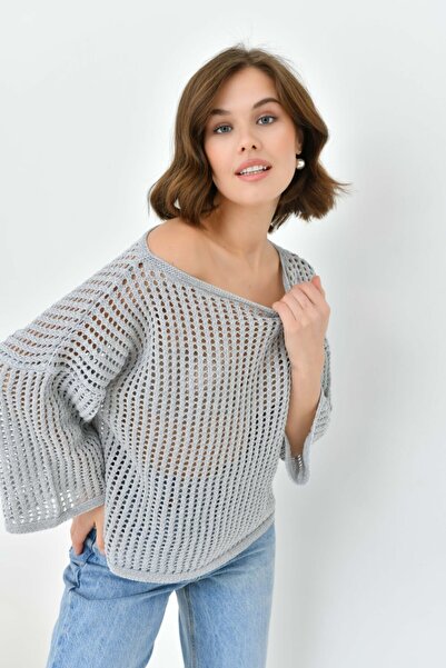 Noi Belis Διάτρητη Υπερμεγέθης Μπλούζα Πλεκτή με Λαιμόκοψη Καγιάκ SS26BZ0120